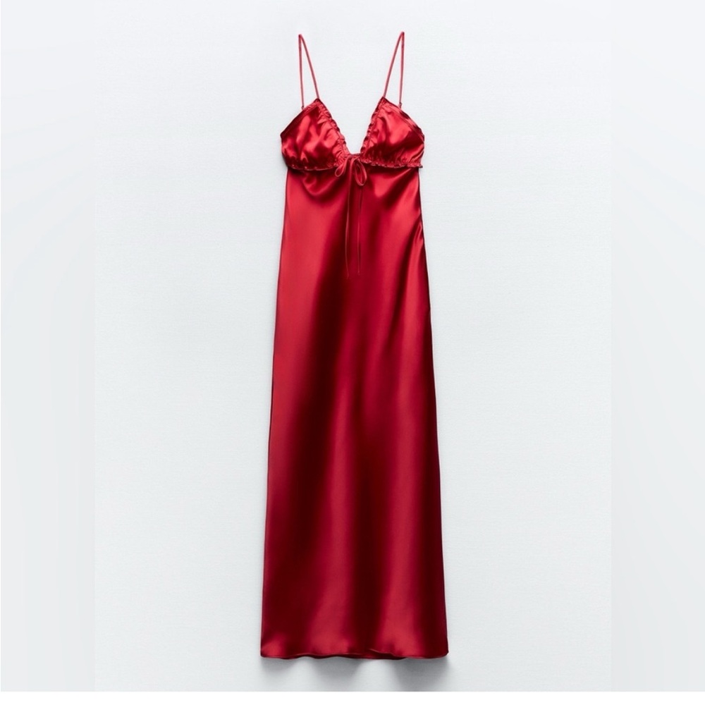 ZARA Red Satin dress with tie front and low back size xs